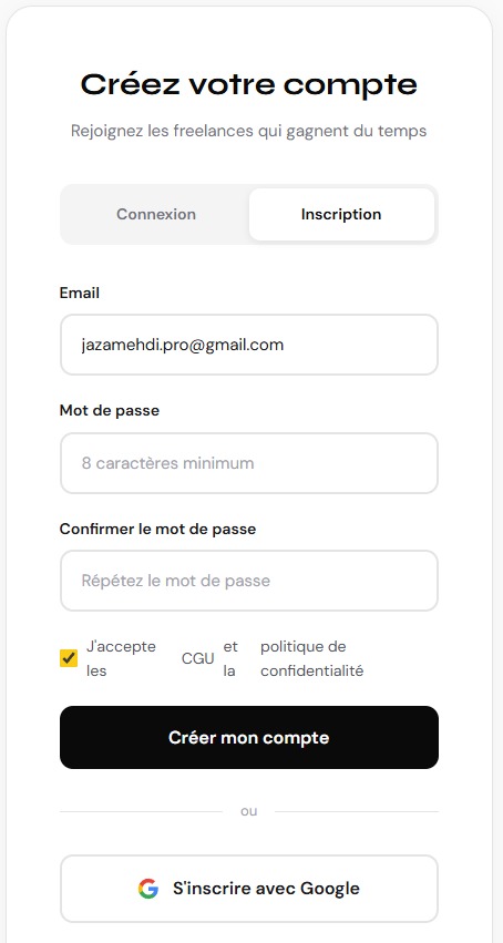 Écran d'inscription